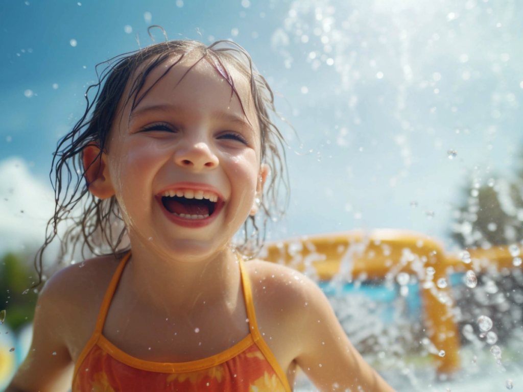 Young girl playing at a splash pad.