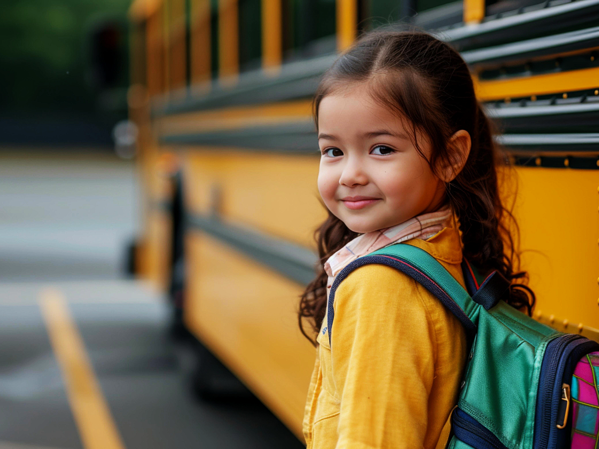 Young girl with backpack on, smiling, standing in front of school bus.