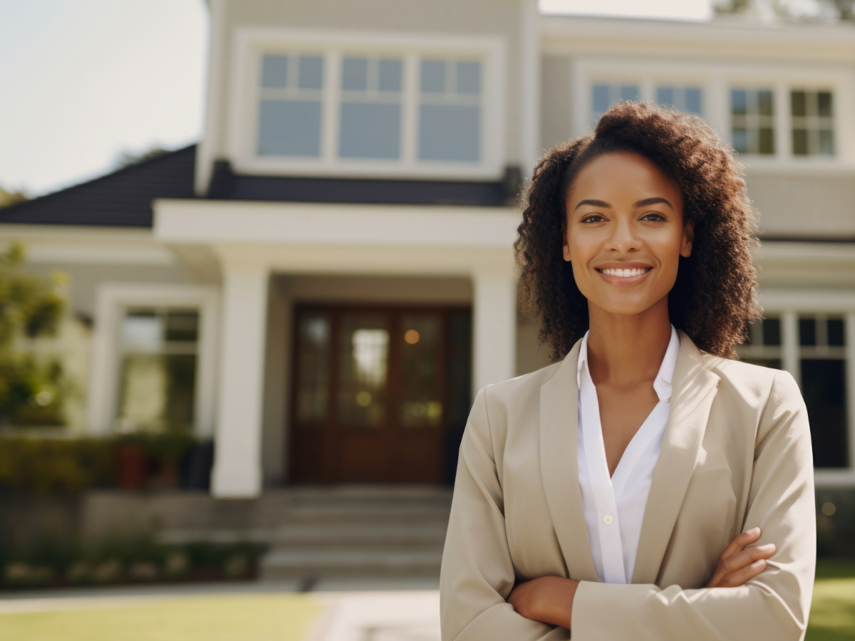 Woman realtor standing in front of home.