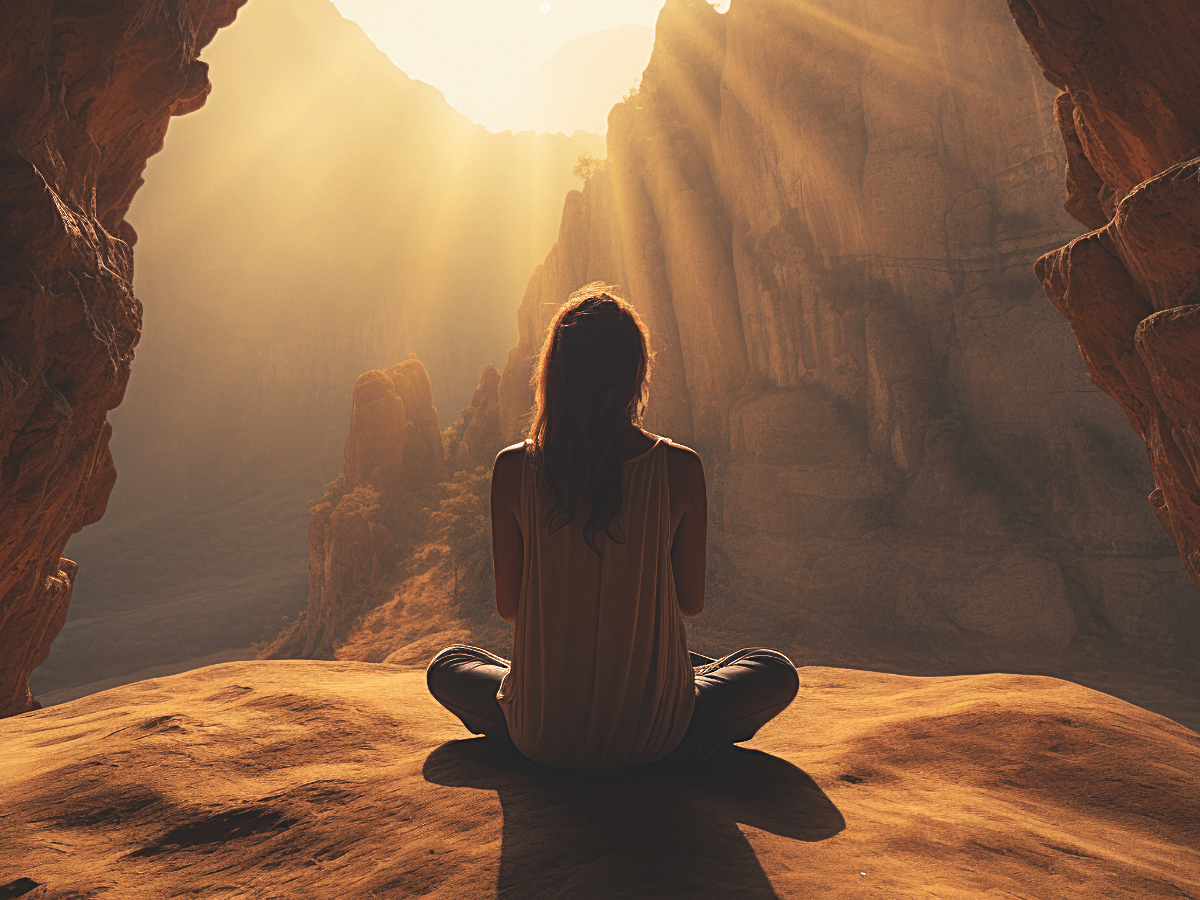 Woman sitting in desert rock formation in lotus postion.