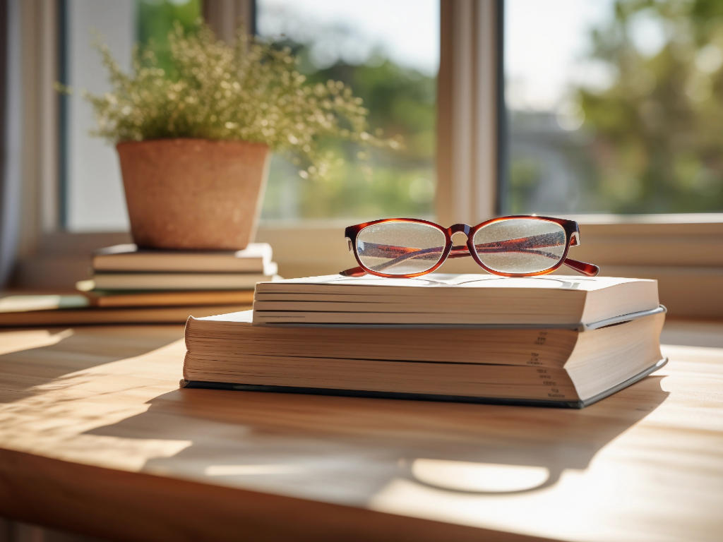 Stack of books with glasses on top of them on table in front of window.