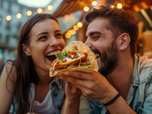 2 people sitting outside at a festival laughing and holding a taco.