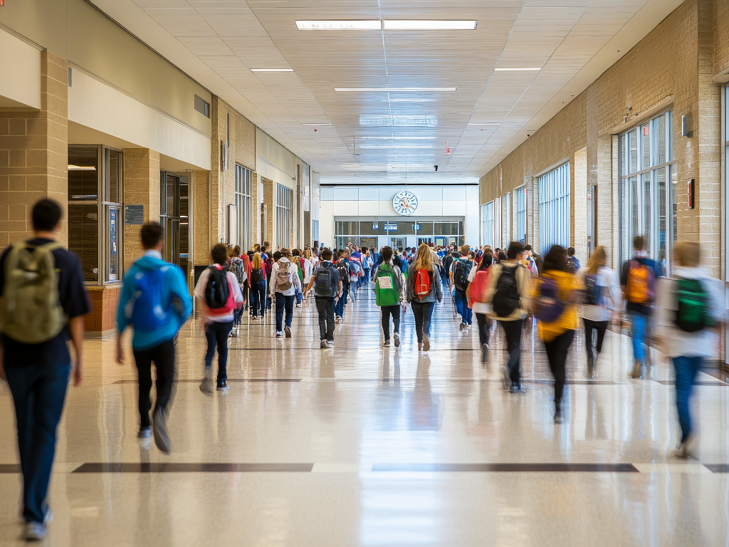 School hallway with kids to class.