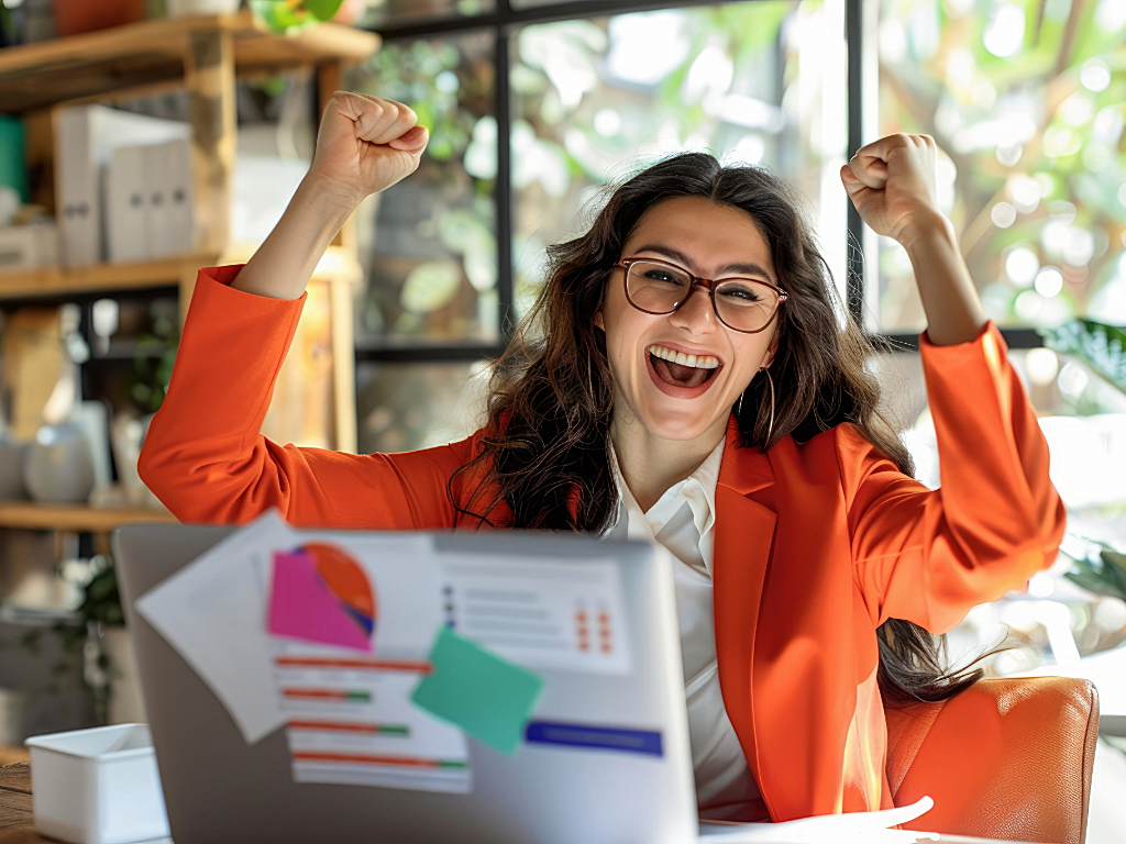 Person celebrating in front of computer after finding contract work online.