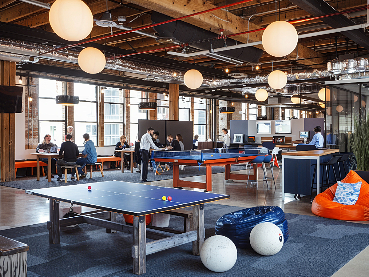 Office with ping pong tables, bean bag chairs and people collaborating at big tables in open community areas.