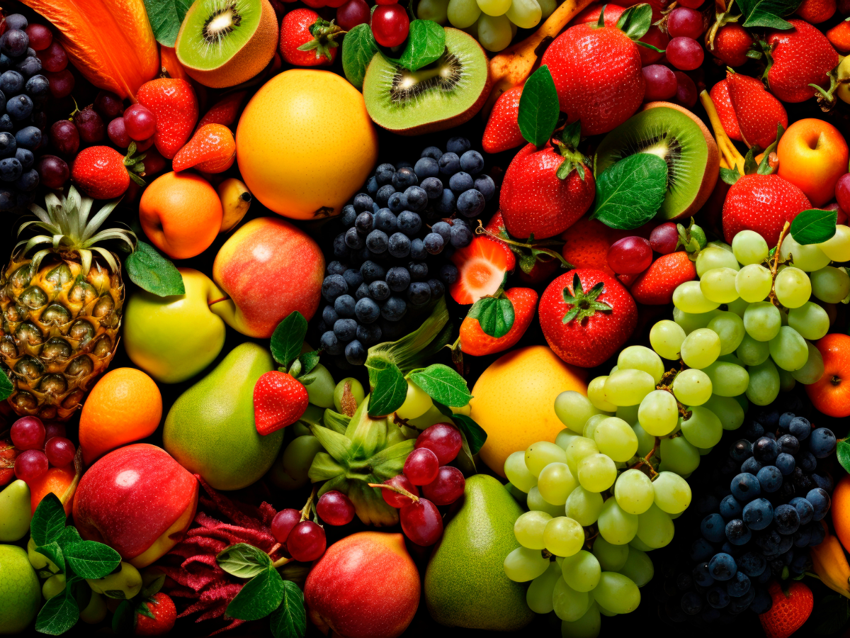 Close up of assorted and colorful nutritious fruits and vegetables.