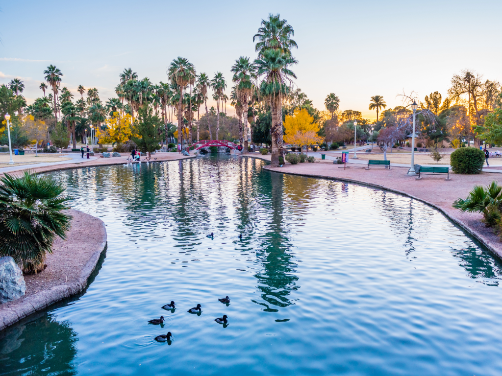 Encanto Park canal in downtown Phoenix for article on Exploring Downtown Phoenix for newcomers moving to Phoenix.