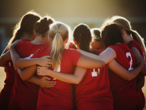 High school girls team in a huddle.