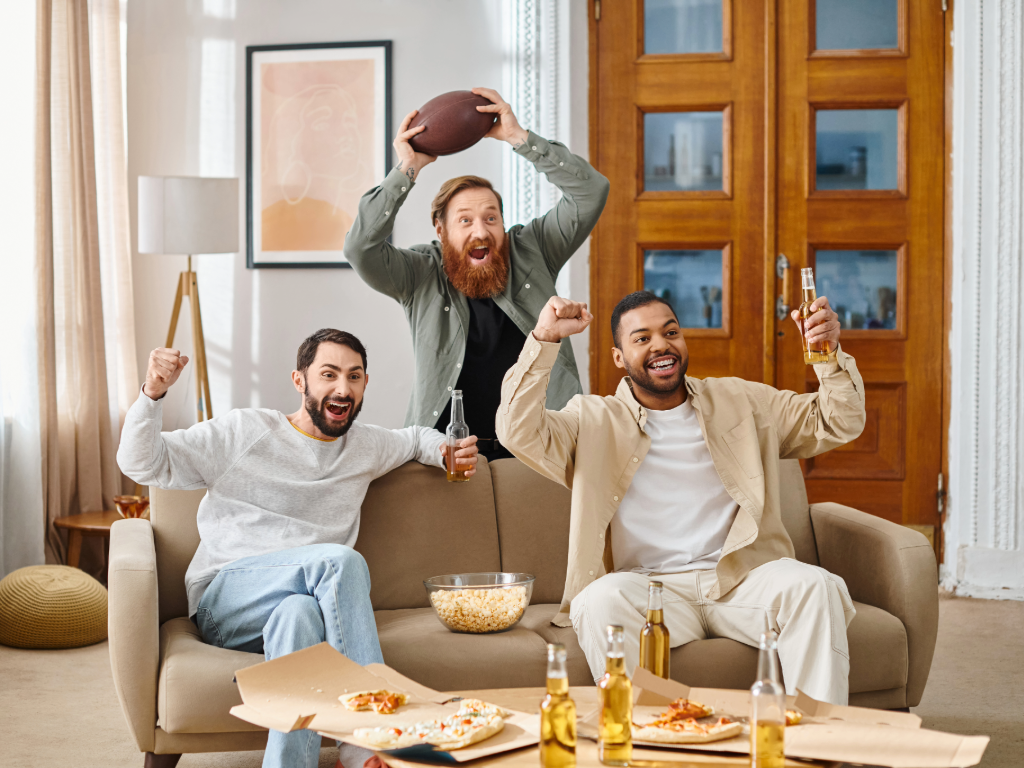 3 males - 2 sitting on couch, 1 standing behind the couch, drinking beer and watching a game together for article on Finding Roommates in Phoenix: 7 Easy Steps for newcomers moving to Phoenix.