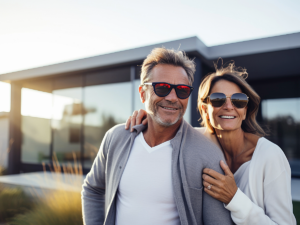 Active Senior couple posing together, smiling - in front of their modern home for article Retiring in Phoenix: 9 Outstanding Places to Live for newcomers moving to Phoenix.