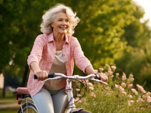 Senior woman in with white hair and pink top riding a pink bike and smililng.